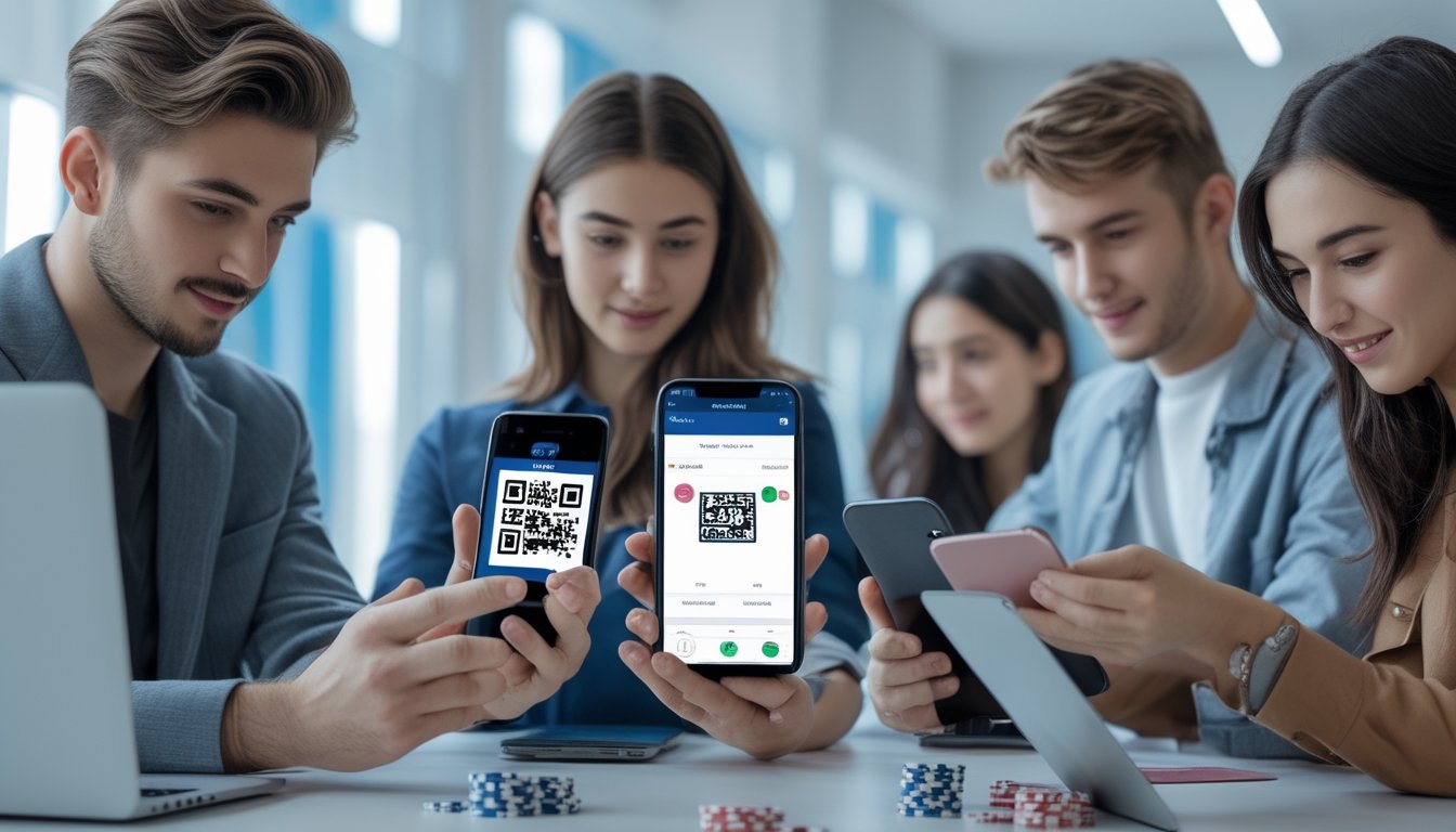 Beberapa orang menggunakan ponsel untuk melakukan pembayaran digital dengan QR code dan aplikasi dompet elektronik di lingkungan modern.