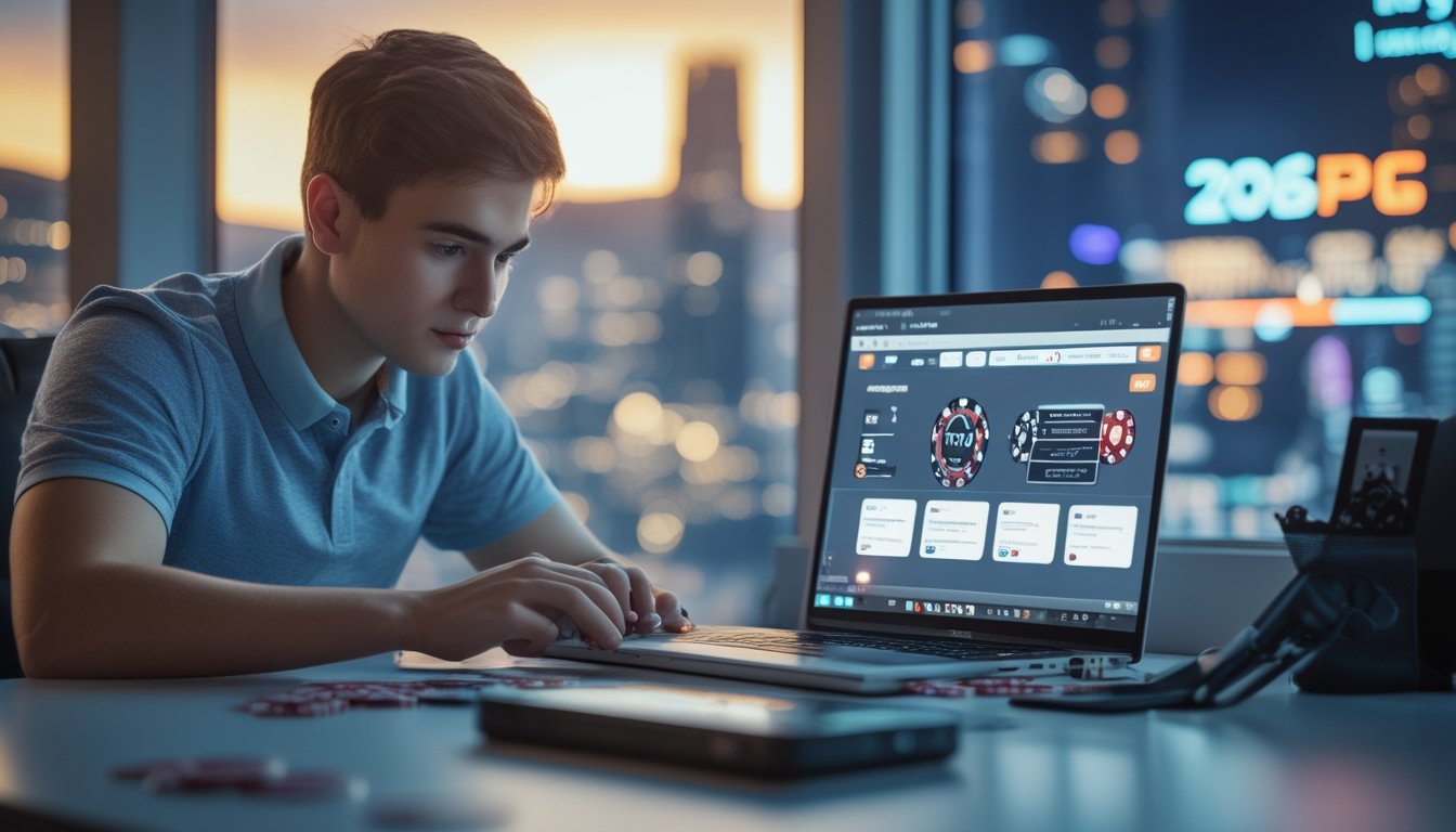 Seorang dewasa muda bermain poker online di laptop di ruang kerja rumah dengan chip poker dan kartu di meja, latar belakang menunjukkan pemandangan kota futuristik.