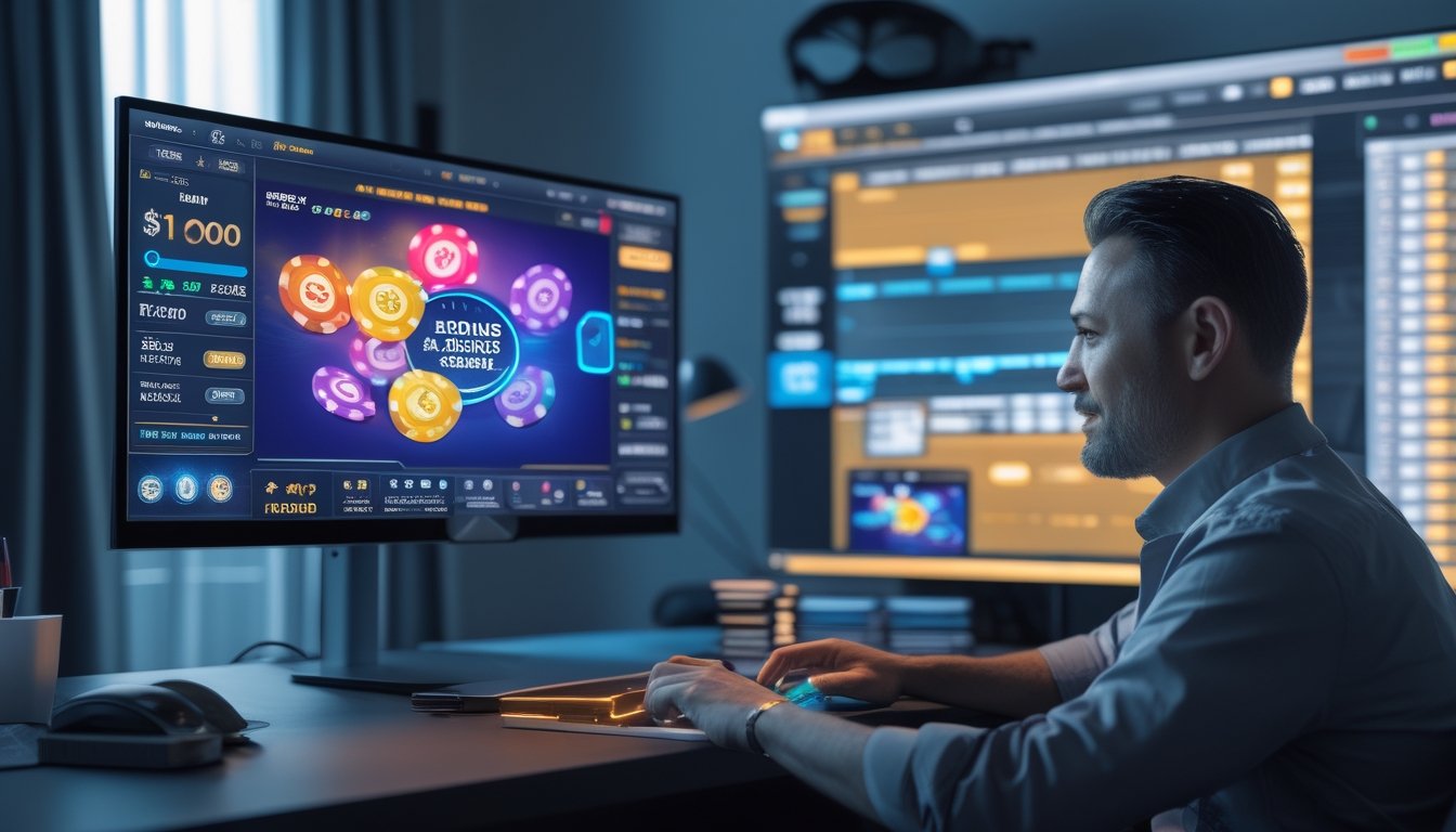 Seorang pemain poker online sedang bermain di depan komputer dengan tumpukan chip poker dan kartu di meja, di ruangan kantor rumah yang modern.