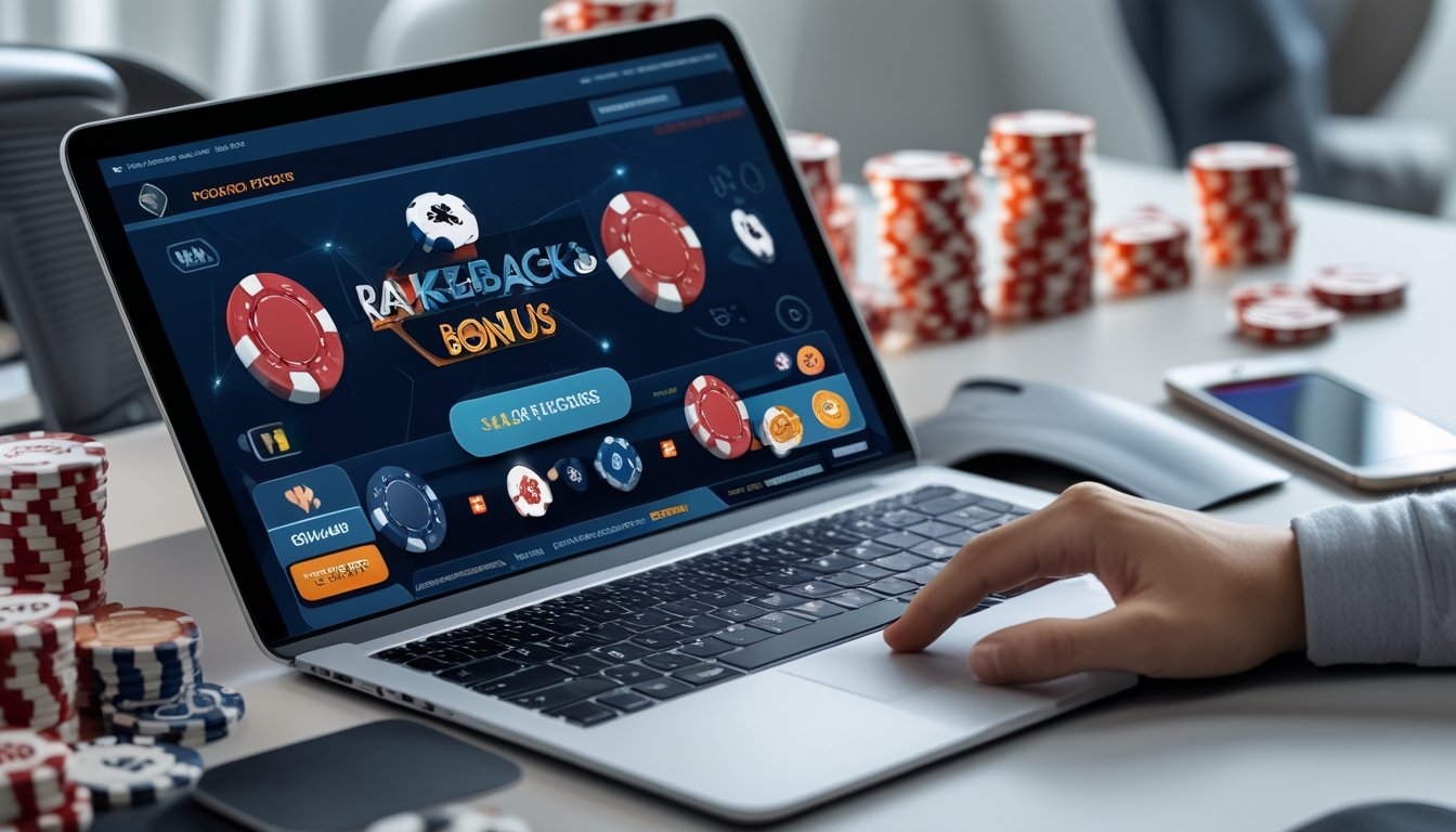 Seorang pemain poker online menggunakan laptop dengan tumpukan chip poker dan kartu di meja, menunjukkan suasana bermain poker daring.