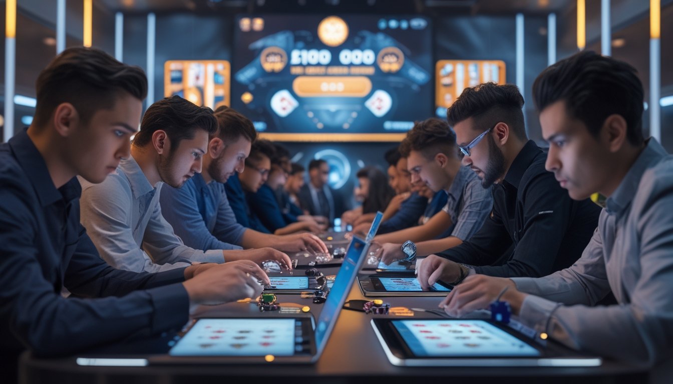 Beberapa pemain poker internasional fokus bermain poker online dengan laptop dan tablet di ruangan modern dengan layar besar dan penanda jackpot digital.