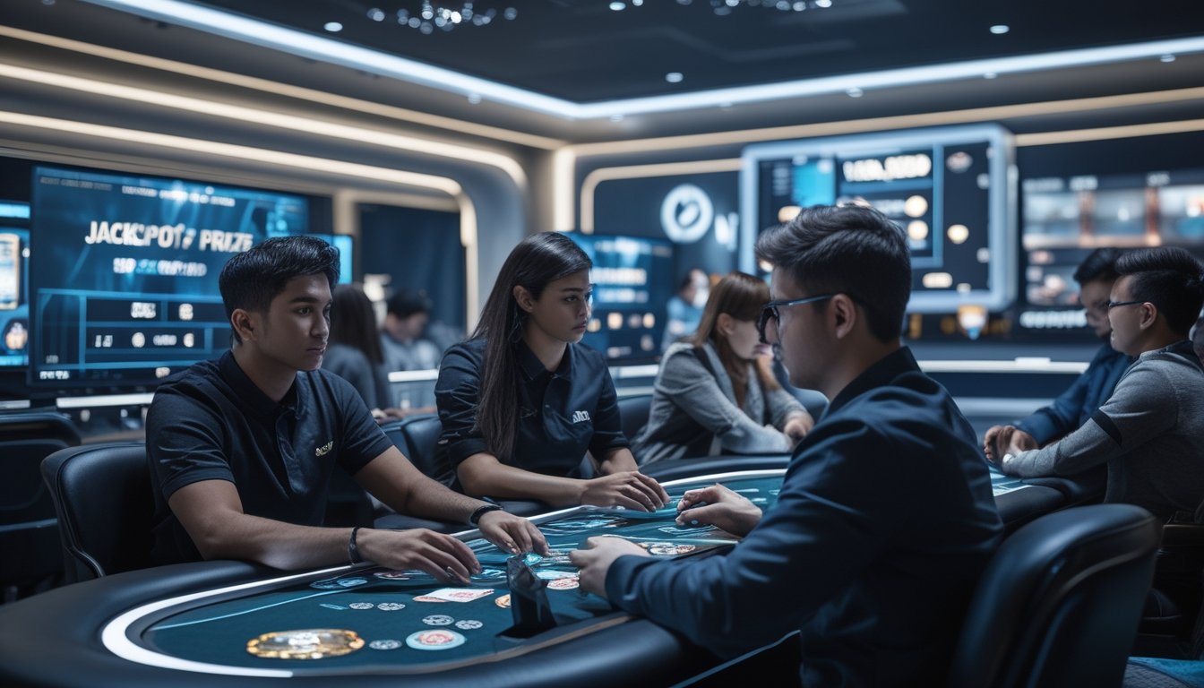 Sekelompok pemain poker internasional sedang bermain di meja poker digital dengan latar belakang ruangan permainan modern dan papan skor hadiah jackpot besar.