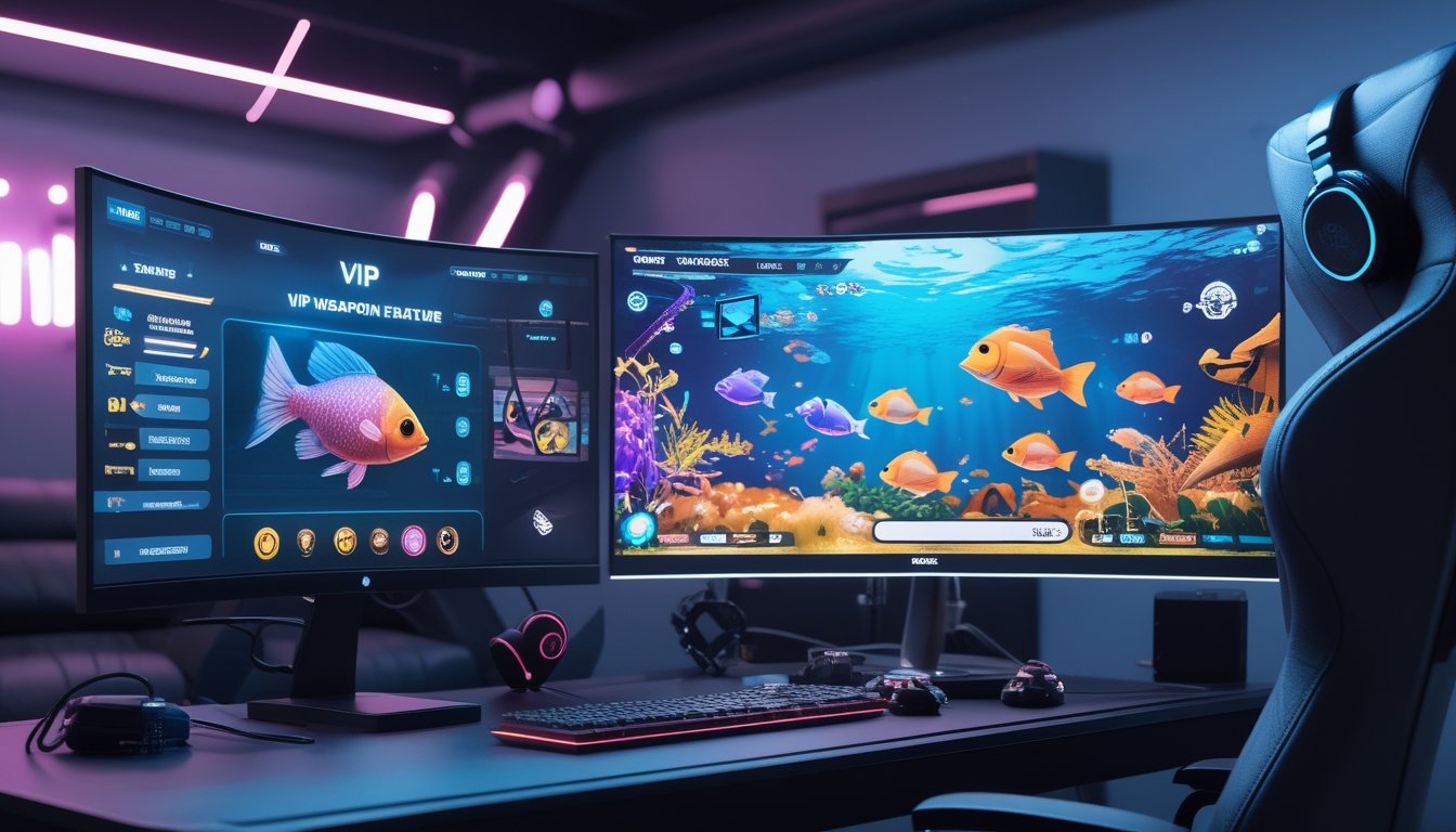 Seorang gamer sedang bermain permainan tembak ikan online dengan layar komputer yang menampilkan ikan-ikan berwarna cerah dan efek tembakan, di sebuah ruangan gaming modern.