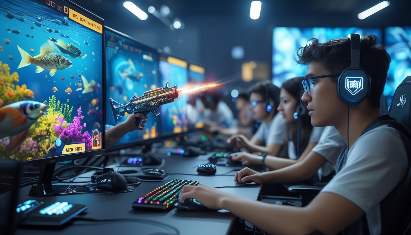 Beberapa orang muda sedang bermain permainan judi tembak ikan online dengan fokus dan antusias di sebuah ruangan gaming modern.