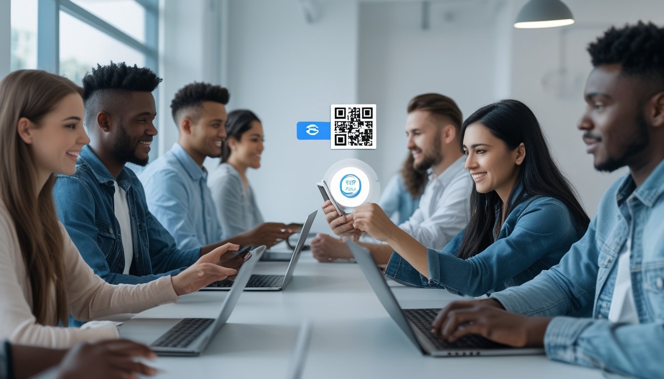 Beberapa orang muda menggunakan ponsel dan laptop di dalam ruangan modern, melakukan transaksi pembayaran digital dengan memindai kode QR.