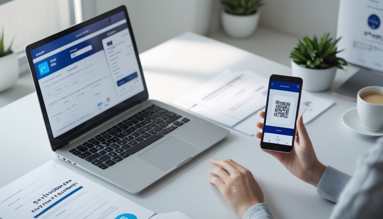 Meja kerja dengan laptop dan ponsel yang menunjukkan pemindaian kode QR, dokumen tertata rapi, dan secangkir kopi.