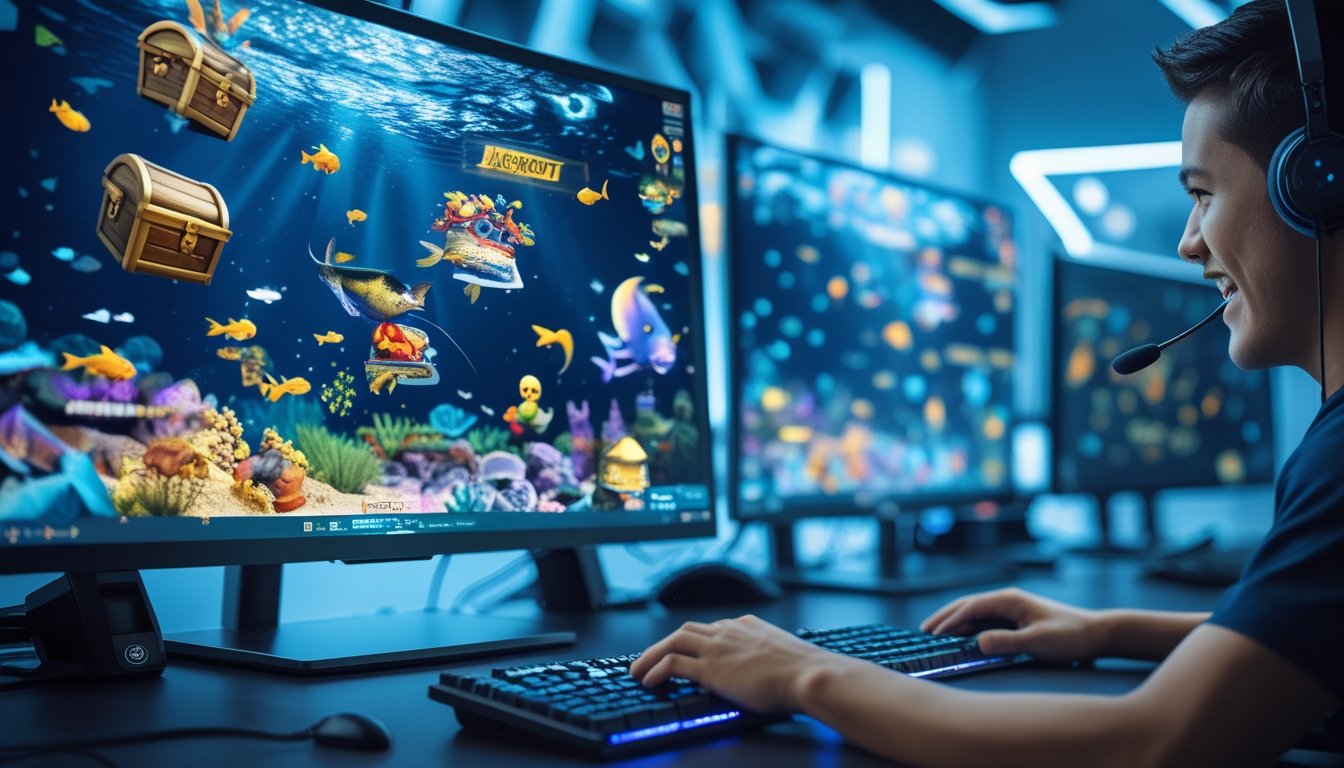Seorang pria muda sedang bermain permainan tembak ikan online di depan komputer dengan layar menampilkan berbagai ikan warna-warni dan harta karun di bawah laut.