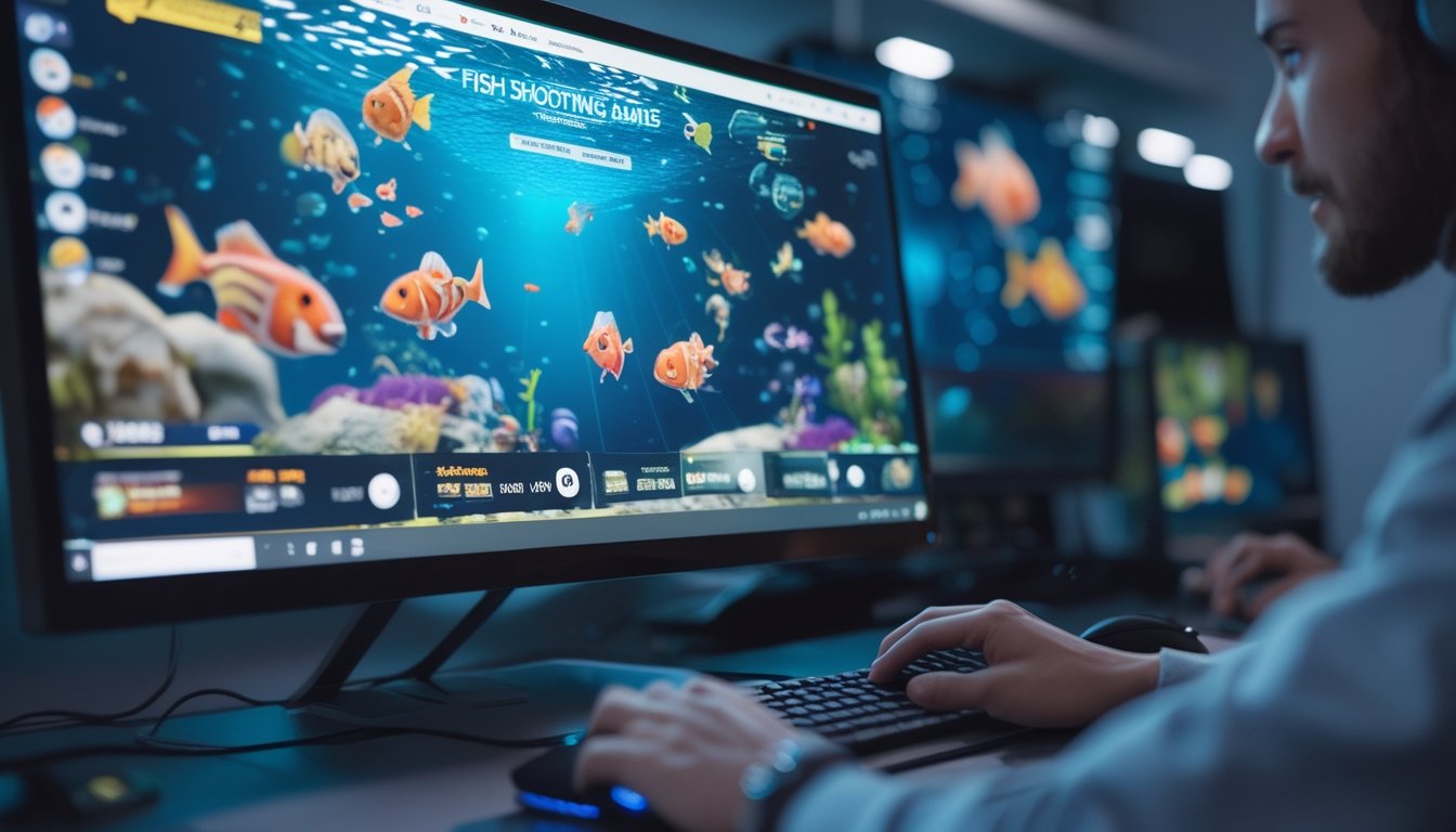 Seorang pemain sedang fokus menggunakan komputer dengan layar menampilkan permainan tembak ikan online berwarna-warni.
