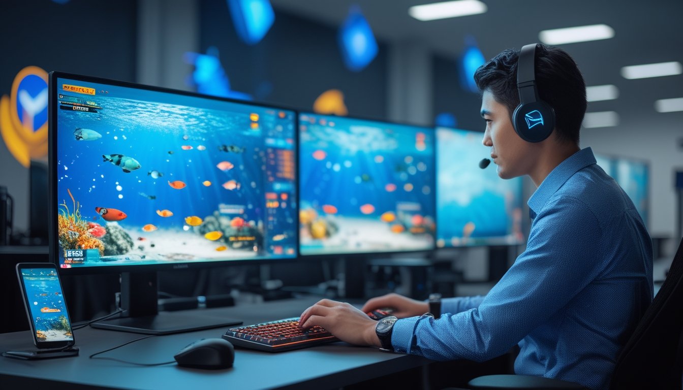 Seorang pria sedang bermain game tembak ikan online di komputer dengan tampilan grafis ikan berwarna-warni dan suasana meja kerja yang rapi.