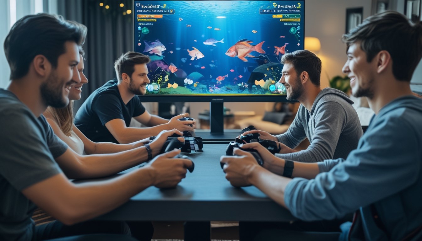 Beberapa orang muda bermain permainan tembak ikan multiplayer di sebuah ruangan dengan layar besar dan suasana ceria.