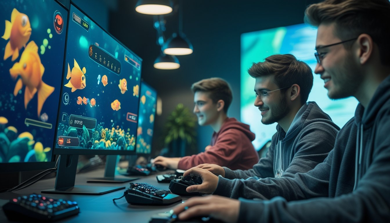 Beberapa orang muda bermain permainan tembak ikan multiplayer di komputer dalam ruangan dengan pencahayaan biru dan hijau.