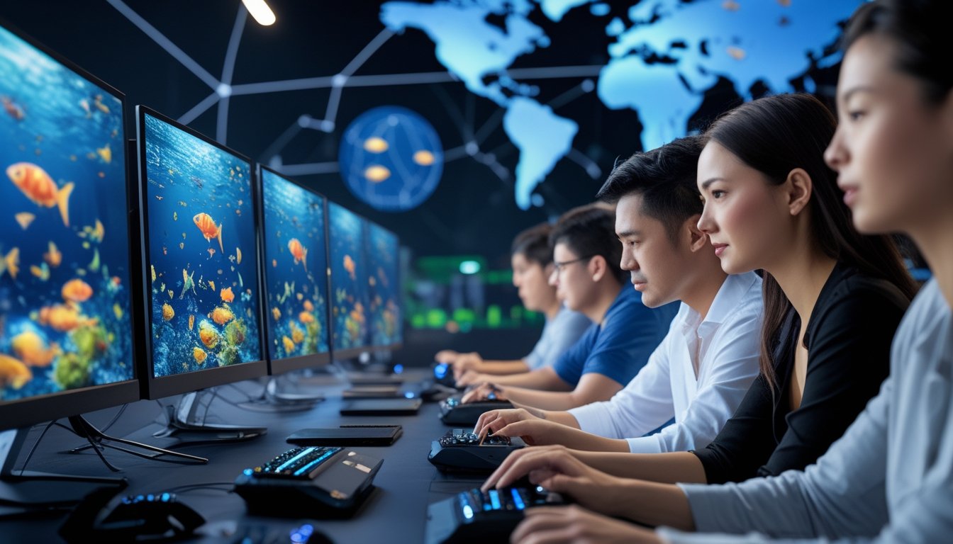 Beberapa orang dewasa sedang bermain game tembak ikan di depan layar komputer dengan latar belakang grafis digital yang menunjukkan koneksi internasional.