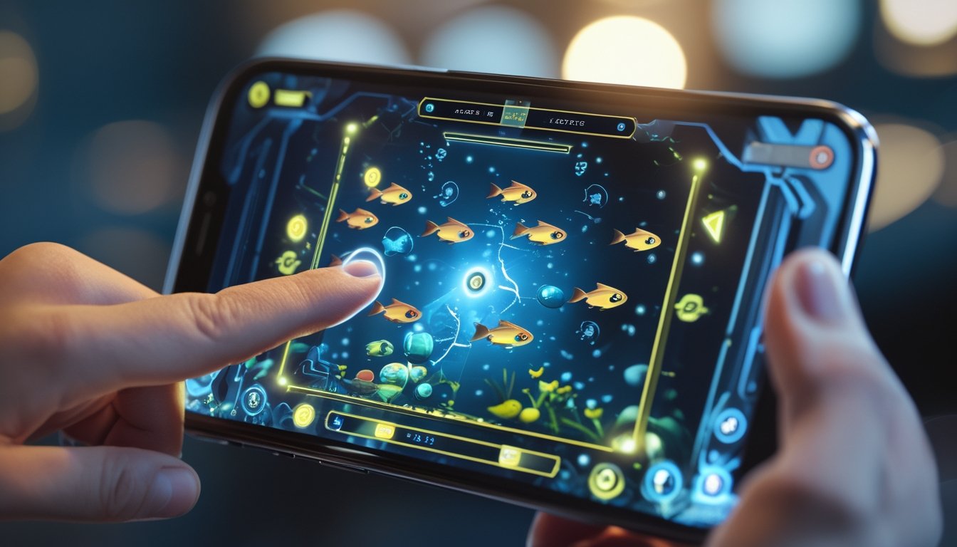 Tangan seseorang sedang menggunakan ponsel dengan permainan ikan di layar, menampilkan fitur auto-aim dan kunci target.
