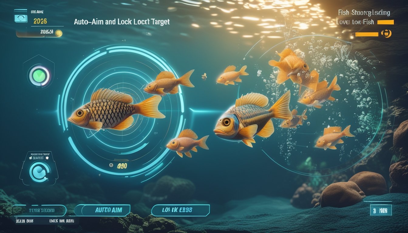 Tampilan antarmuka permainan judi tembak ikan dengan fitur auto-aim dan penguncian target, menampilkan ikan-ikan berwarna-warni di latar bawah laut.