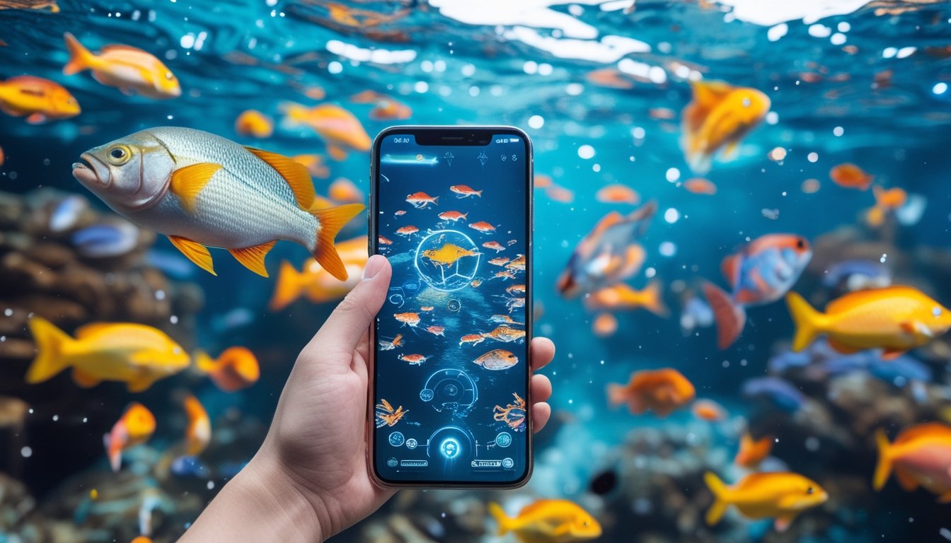 Pemandangan bawah laut dengan ikan berwarna-warni dan layar perangkat digital menampilkan permainan tembak ikan yang menarik.