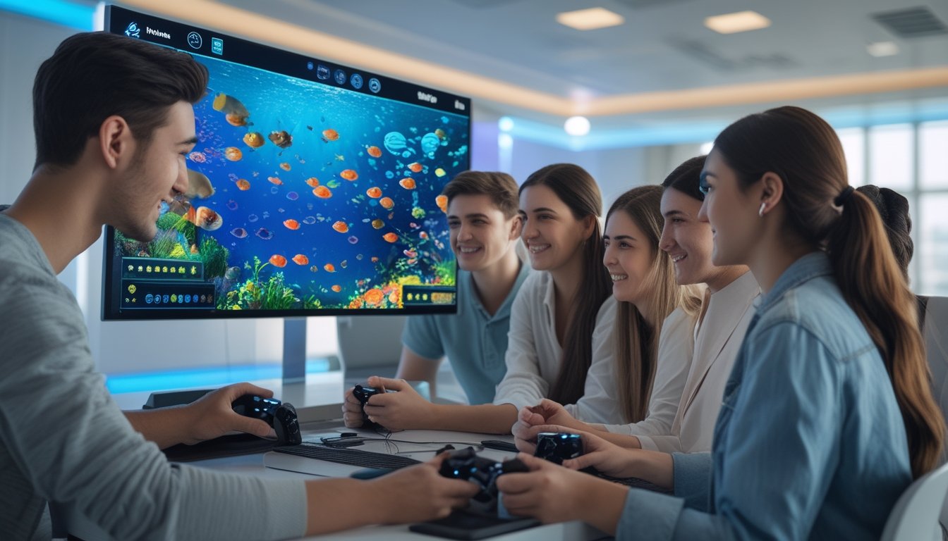 Sekelompok orang muda sedang bermain game tembak ikan di layar komputer dengan latar bawah laut berwarna-warni.