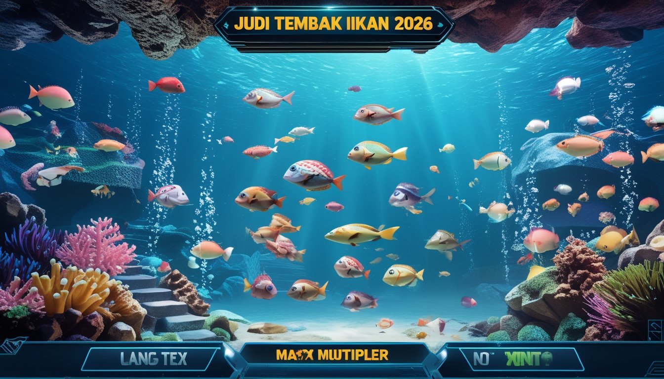 Pemandangan bawah laut dengan berbagai ikan berwarna-warni dan terumbu karang, menampilkan suasana permainan menembak ikan dengan efek digital yang halus.