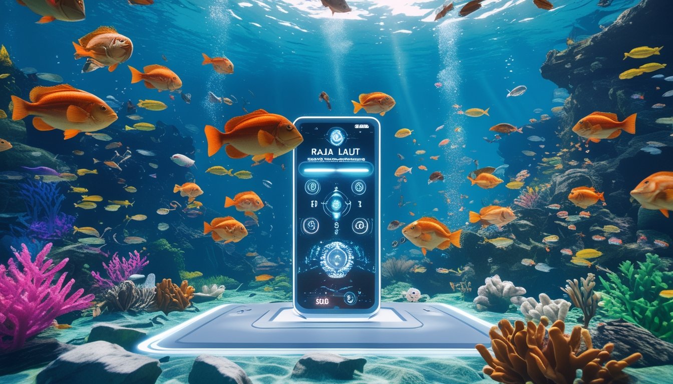 Pemandangan bawah laut dengan berbagai ikan warna-warni dan antarmuka permainan digital yang menampilkan target dan skor.