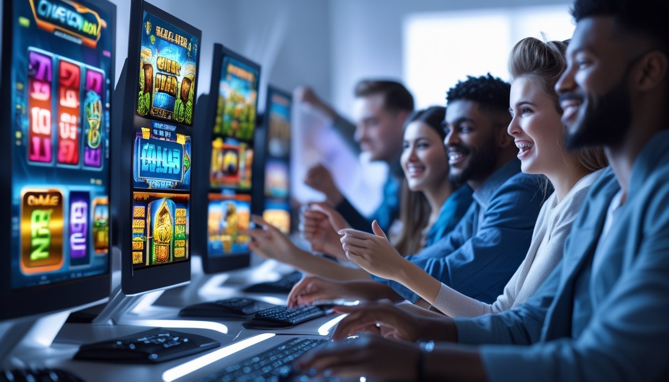 Orang-orang muda yang antusias bermain permainan slot online di depan layar komputer modern dengan tampilan mesin slot berwarna-warni.