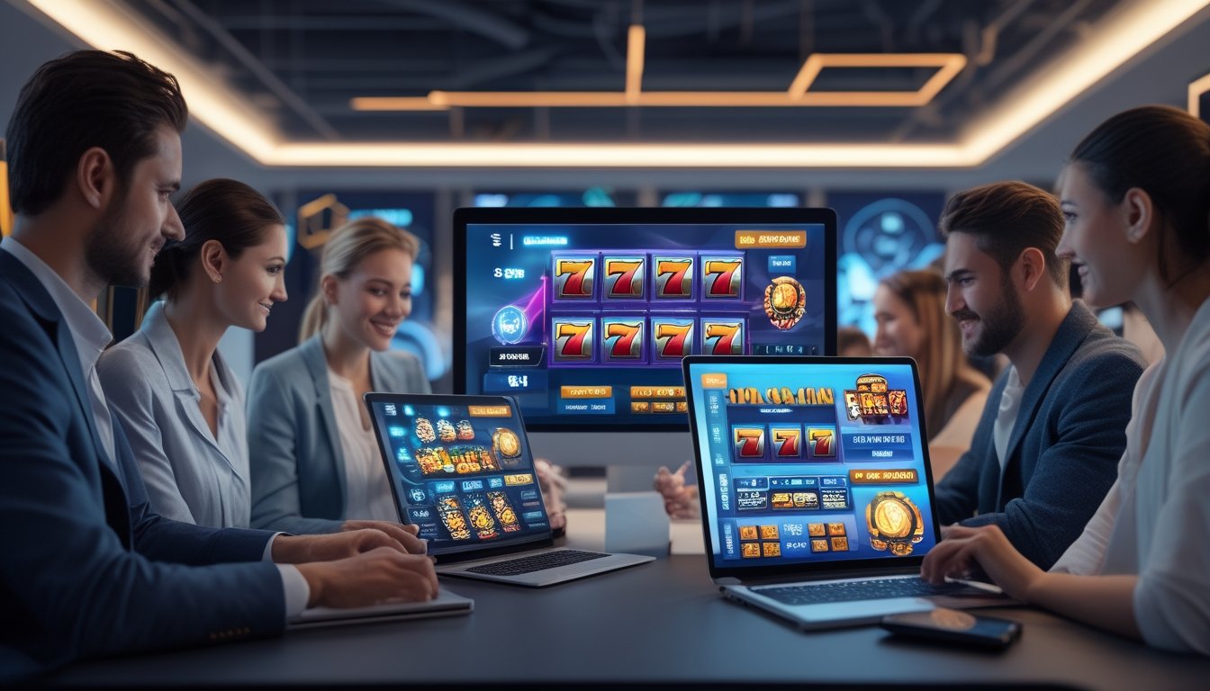Beberapa orang menggunakan perangkat digital untuk bermain permainan slot online dengan latar ruangan modern dan suasana percaya diri.