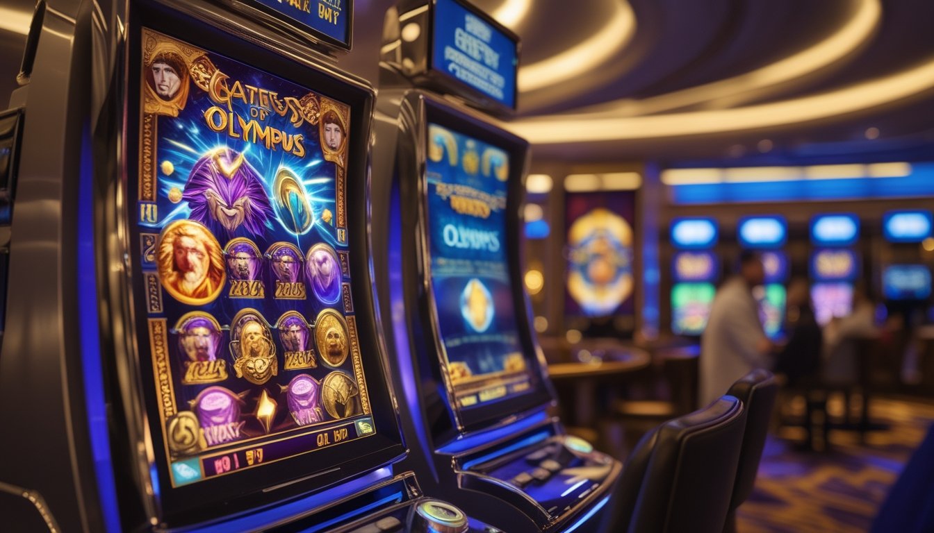 Mesin slot modern dengan simbol mitologi Yunani yang berwarna-warni di dalam kasino yang mewah dan pencahayaan redup.