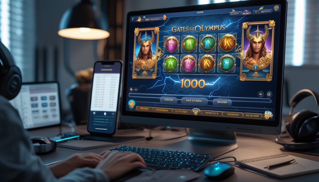 Seorang pemain sedang fokus pada layar komputer yang menampilkan permainan slot Gates of Olympus dengan latar belakang aksesoris gaming dan suasana yang tenang.