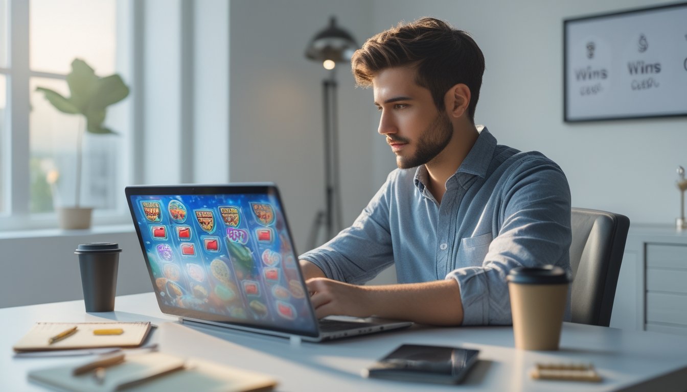 Seorang pria muda duduk di meja dengan laptop yang menampilkan permainan slot, dikelilingi catatan dan ponsel, menunjukkan suasana fokus dan strategi bermain.