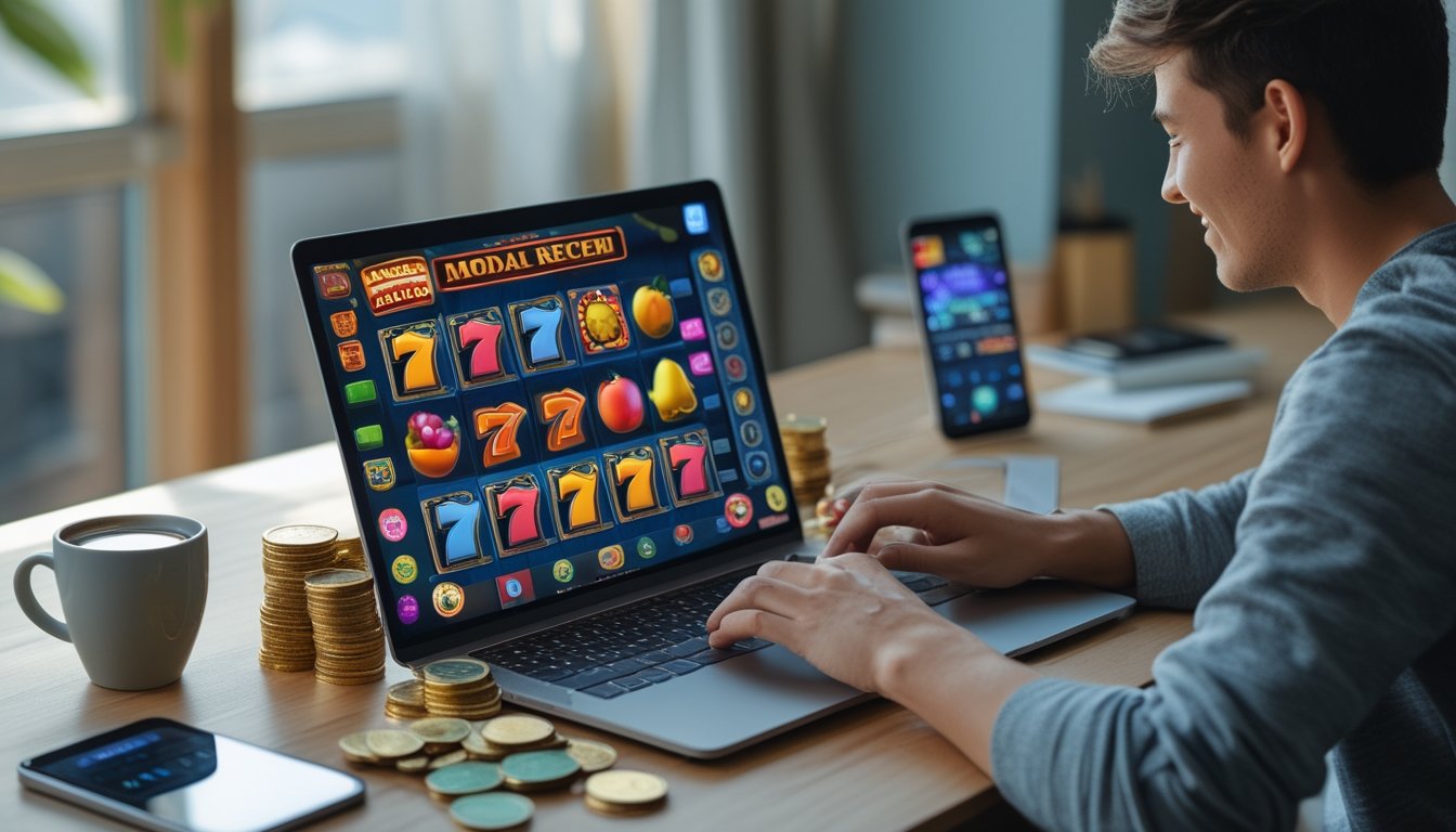 Seseorang duduk di depan laptop yang menampilkan permainan slot online dengan tumpukan koin kecil di meja, di ruang kerja rumah yang terang.