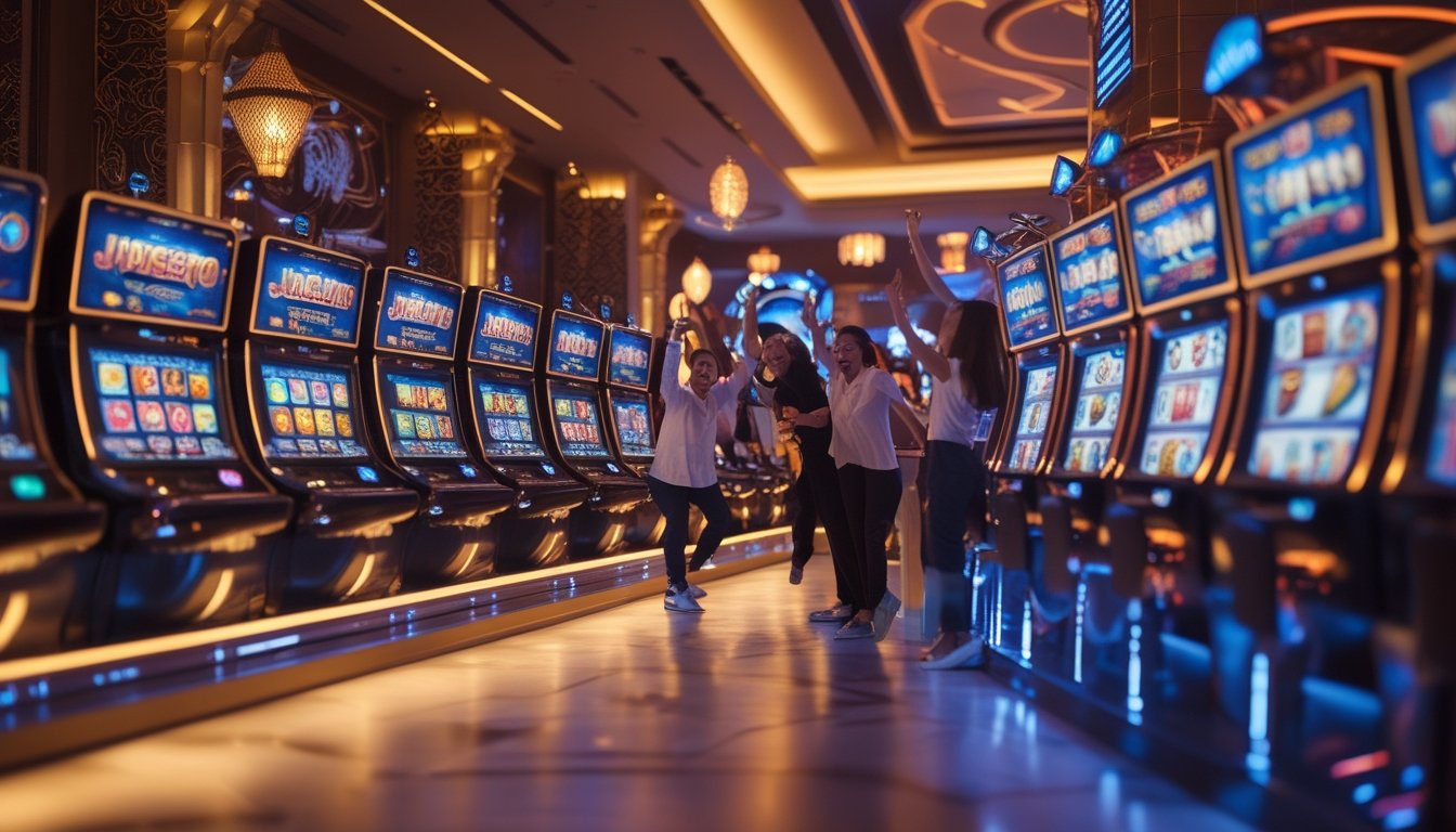 Orang-orang bermain mesin slot di kasino modern dengan dekorasi khas Thailand dan suasana meriah.