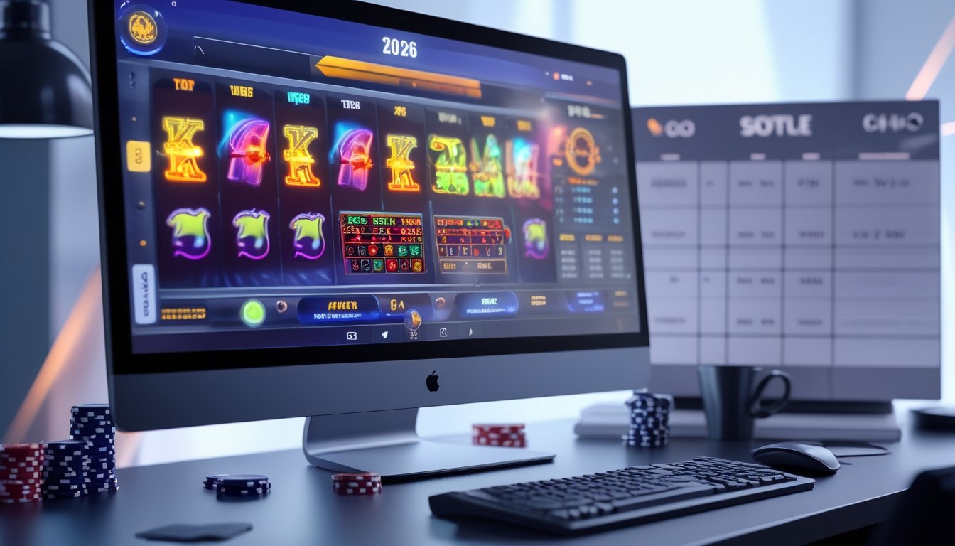 Sebuah meja kerja modern dengan komputer menampilkan permainan slot digital dan kalender jadwal yang rapi.