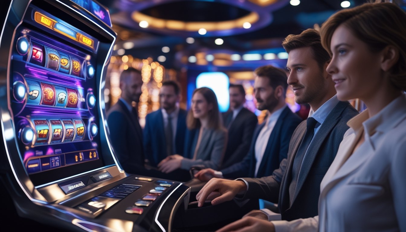 Orang-orang bermain mesin slot modern di kasino dengan pencahayaan cerah dan suasana penuh semangat.