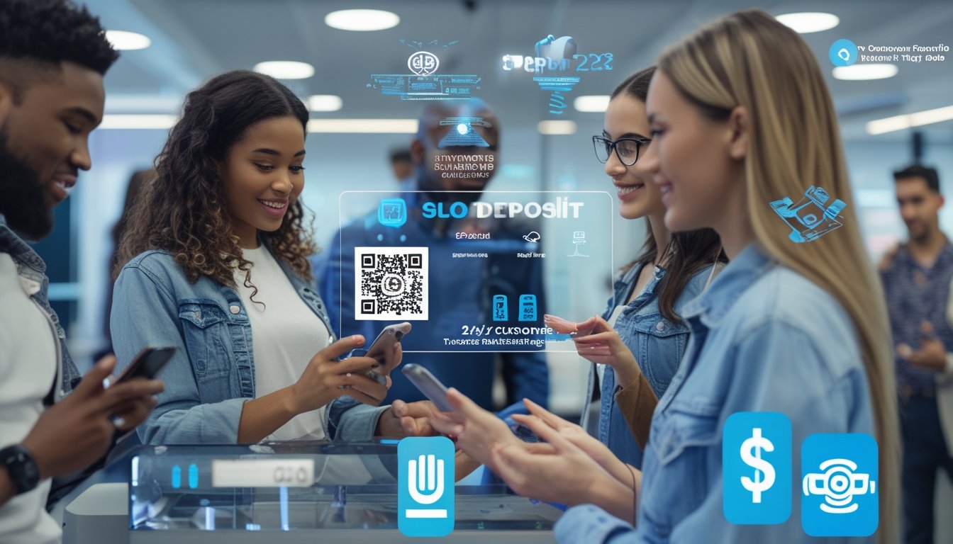 Beberapa orang menggunakan ponsel untuk melakukan transaksi pembayaran digital dengan kode QR di lingkungan modern dan terang.