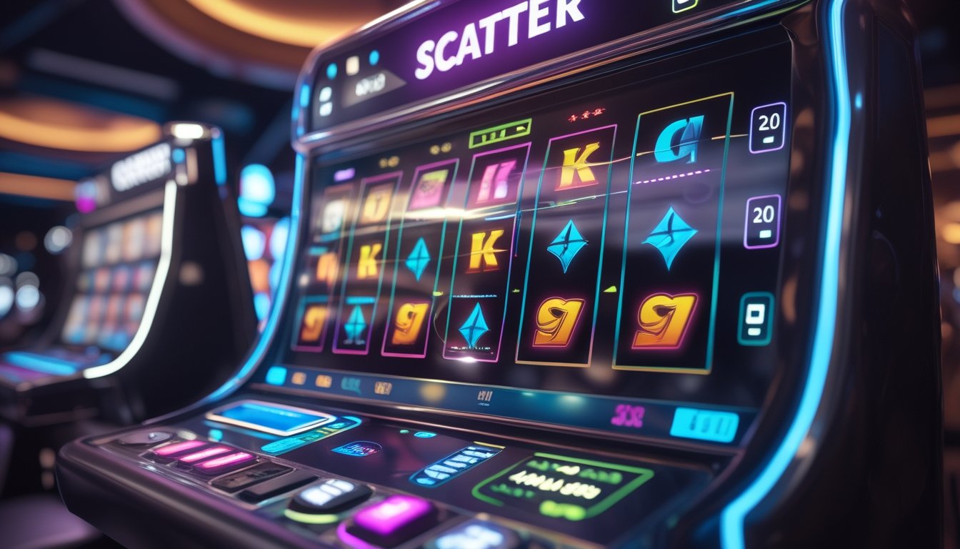 Tampilan antarmuka permainan slot digital dengan simbol scatter hitam yang banyak di latar kasino modern.