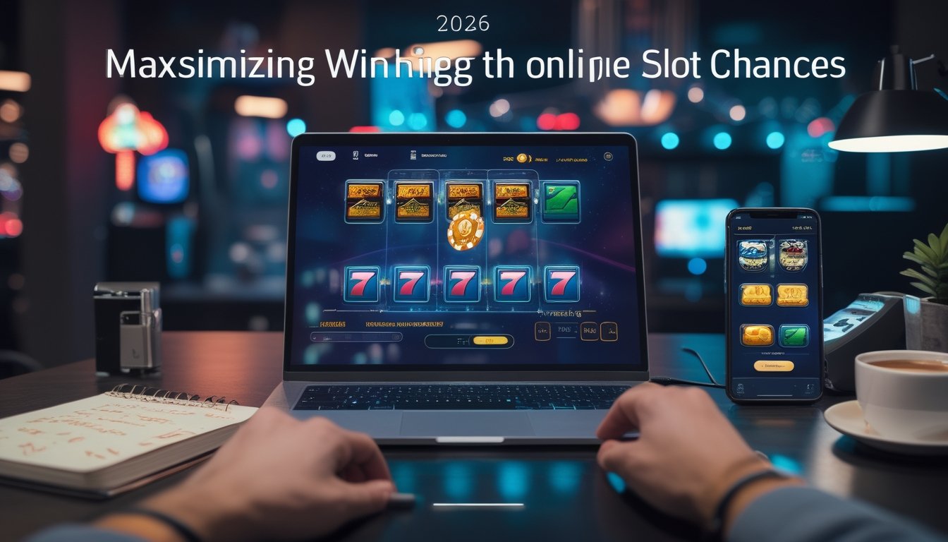 Seorang dewasa muda sedang menggunakan laptop dan ponsel di meja kerja dengan tema permainan slot online.
