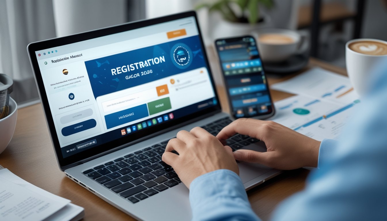 Sebuah meja kerja dengan laptop yang menampilkan formulir pendaftaran akun, tangan seseorang sedang mengetik, dan beberapa dokumen serta smartphone di sekitar meja.
