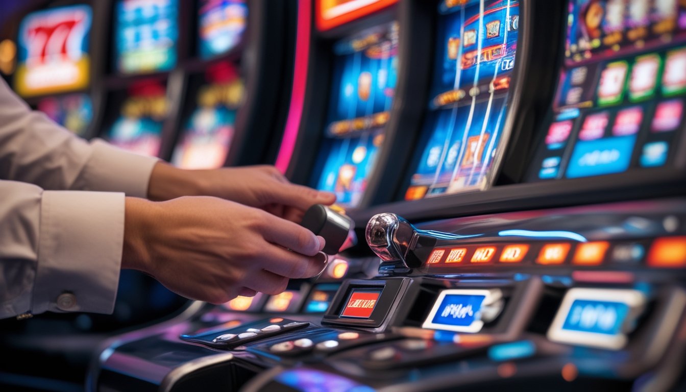 Seseorang sedang menggunakan mesin slot dengan tangan mengoperasikan tuas turbo spin di kasino yang penuh warna.