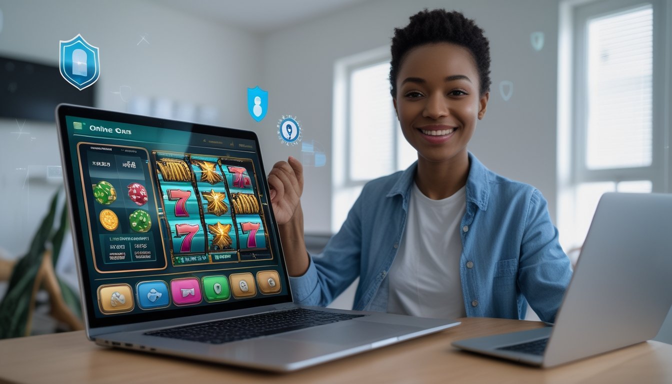 Seseorang menggunakan laptop dengan permainan slot online yang aman dan terpercaya di ruangan yang terang dan modern.