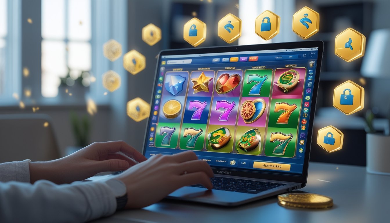 Seorang pengguna sedang bermain permainan slot online di komputer dengan latar belakang ruangan yang rapi dan pencahayaan lembut, menunjukkan suasana aman dan terpercaya.