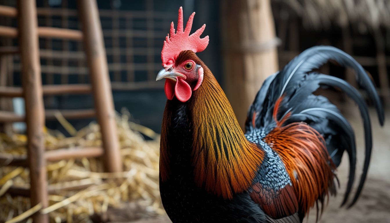 Seekor ayam aduan yang kuat dan sehat berdiri di depan kandang kayu tradisional dengan latar belakang alami.