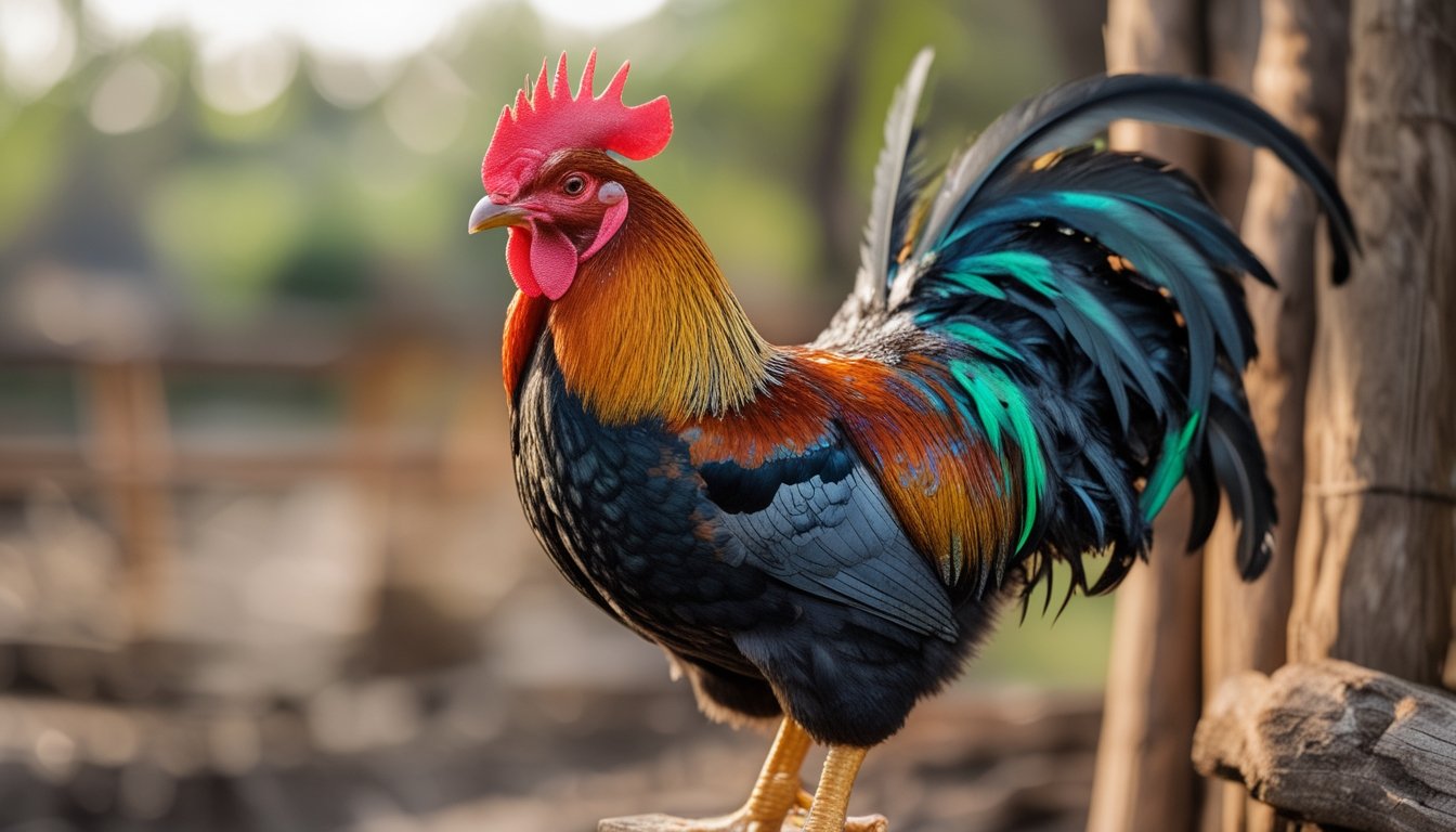 Seekor ayam aduan berkualitas berdiri di atas tempat bertengger kayu dengan latar belakang alami yang kabur.