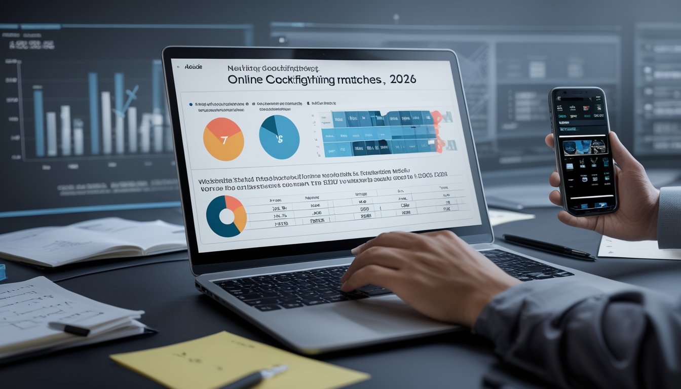 Seorang analis bekerja dengan laptop dan catatan, meneliti data pertandingan sabung ayam online.