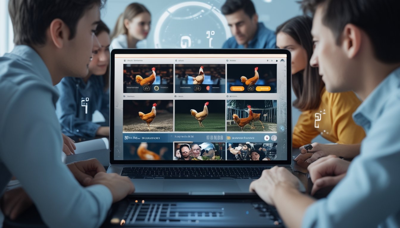 Orang-orang muda sedang menonton pertandingan sabung ayam secara online di layar komputer dengan suasana ruangan yang terang dan modern.