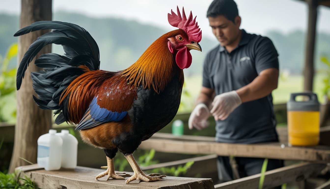 Seekor ayam petarung sehat berdiri di tempat latihan dengan seorang pelatih memperhatikan di latar belakang.
