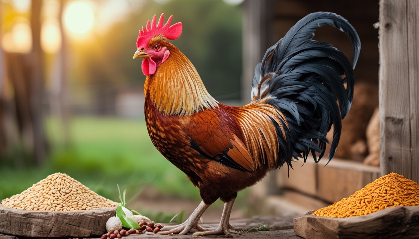 Seekor ayam petarung sehat berdiri di luar ruangan dengan latar belakang peternakan hijau dan bahan makanan alami di sekitarnya.