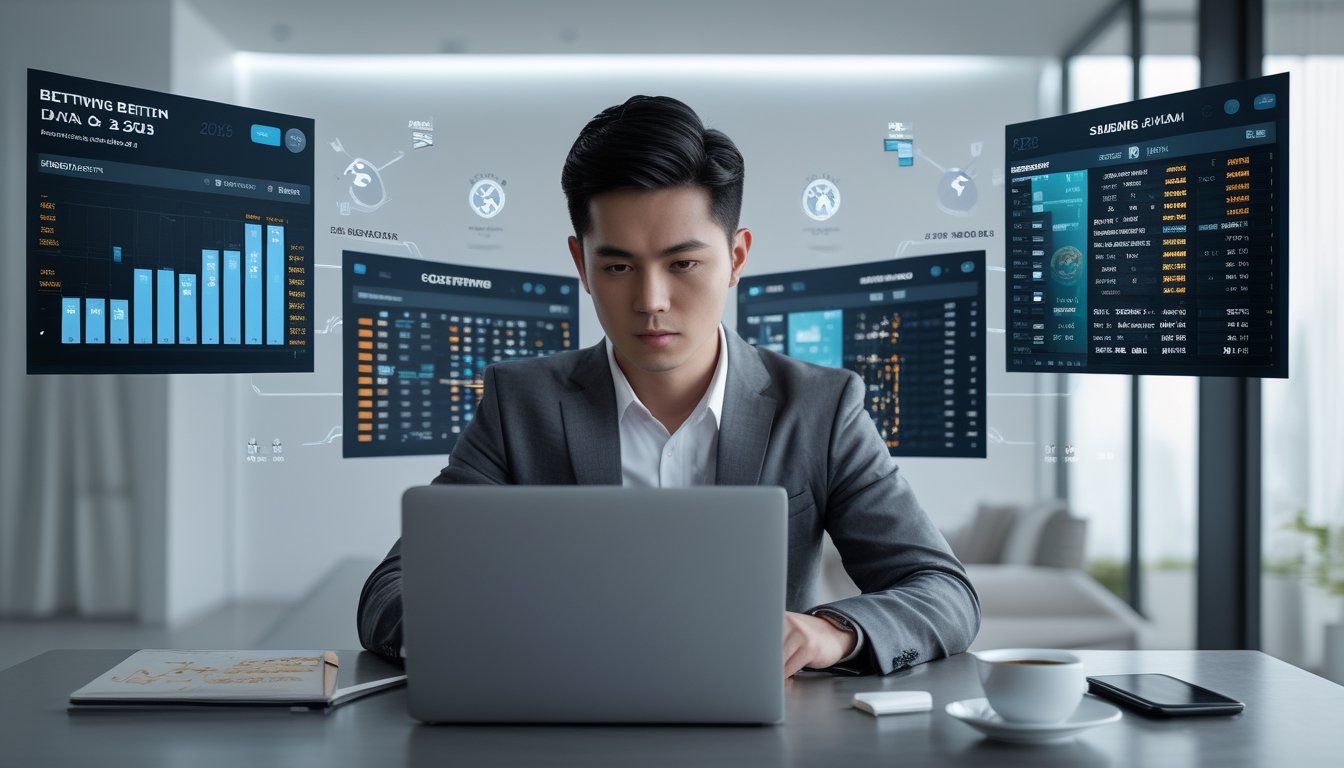 Seorang pria muda sedang duduk di meja dengan laptop, menganalisis data taruhan sabung ayam online.