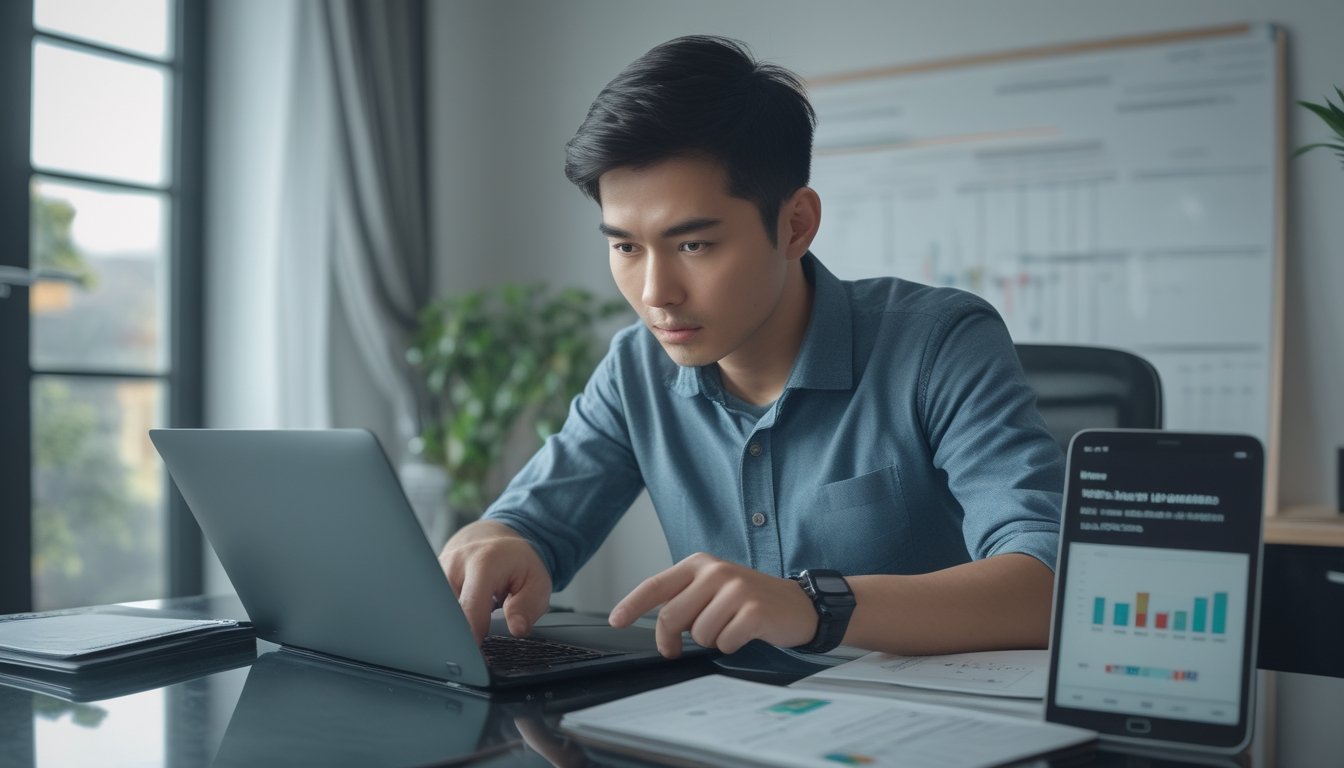 Seorang pria muda sedang menganalisis data taruhan secara serius di depan laptop di ruang kerja modern.