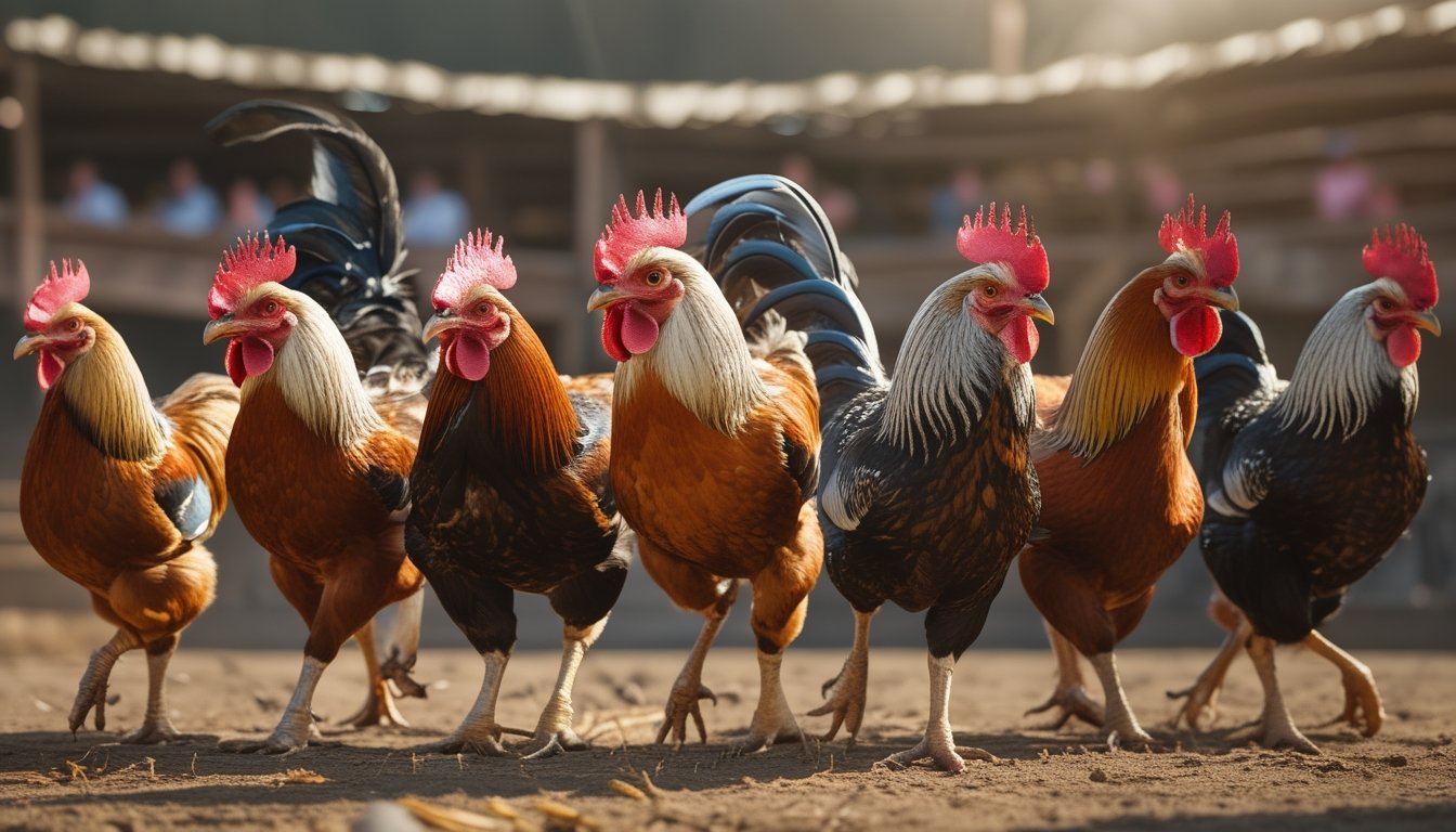 Sembilan ayam aduan berbeda berdiri di arena sabung ayam dengan latar belakang arena tradisional dan penonton samar.