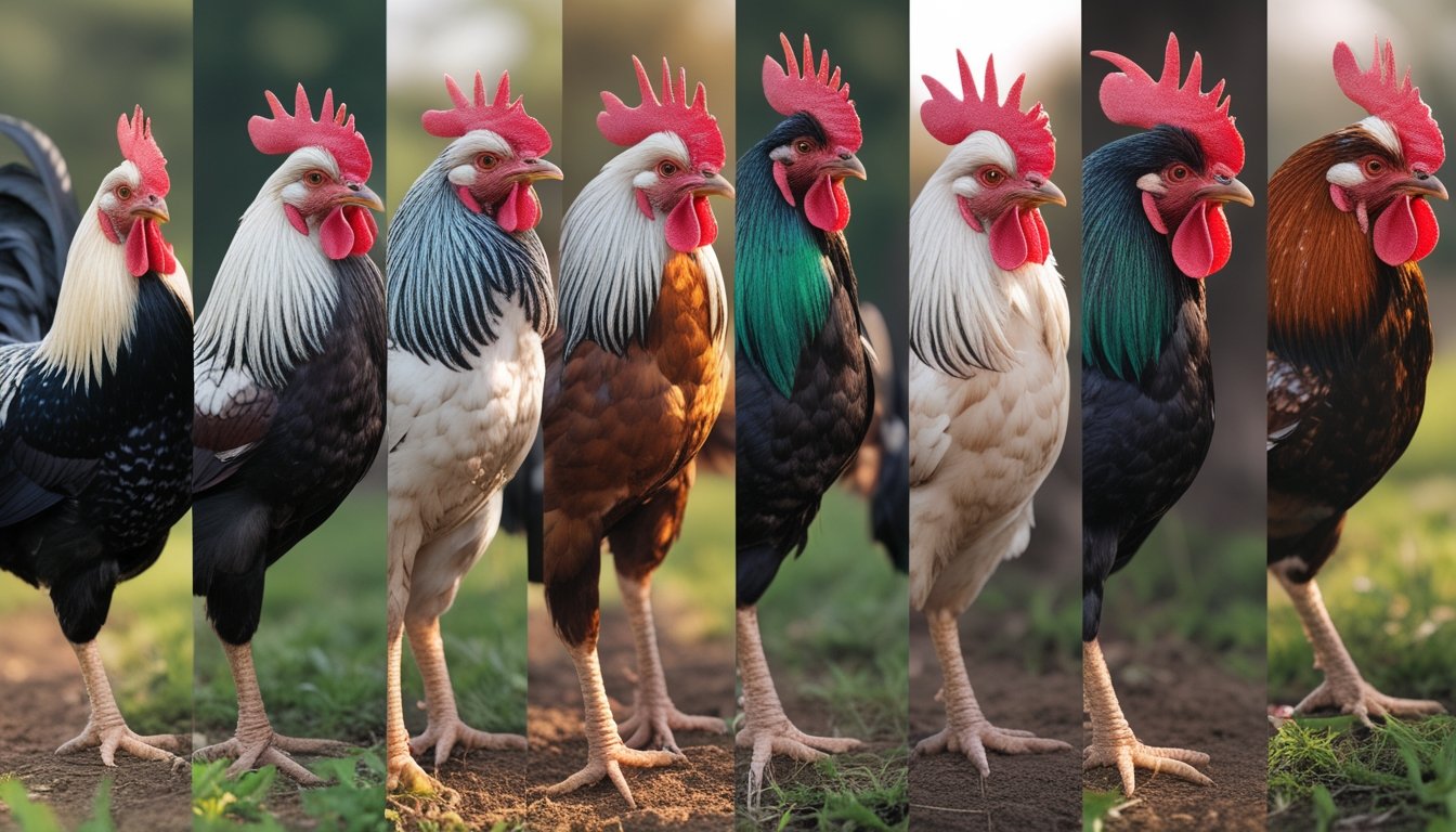 Sembilan ayam aduan dengan berbagai warna bulu dan postur berdiri berdampingan di lingkungan luar ruangan alami.