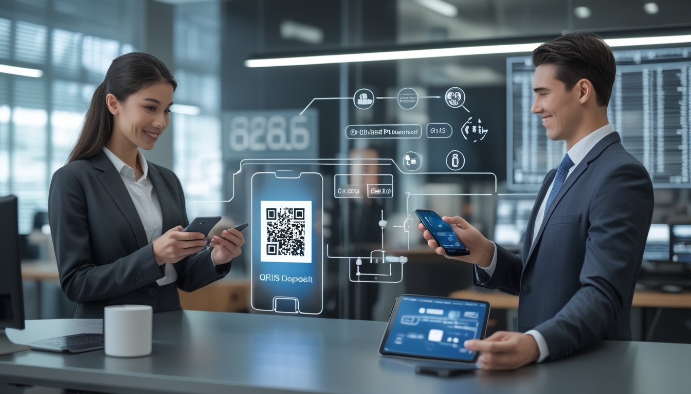 Dua profesional bisnis sedang melakukan pembayaran menggunakan kode QR di kantor modern.