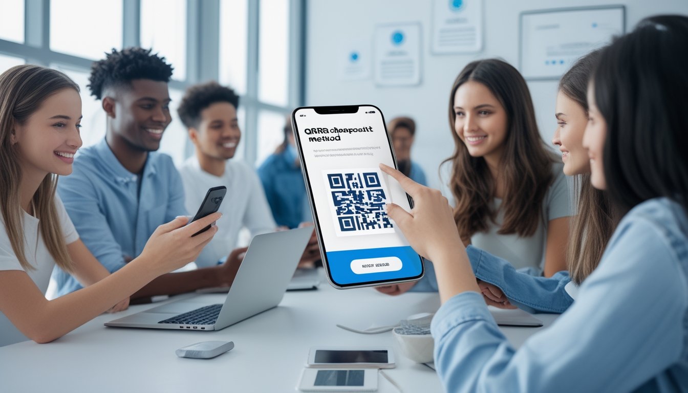 Sekelompok orang muda menggunakan ponsel dan laptop di kantor modern dengan suasana profesional, sedang melakukan transaksi pembayaran melalui QR code.
